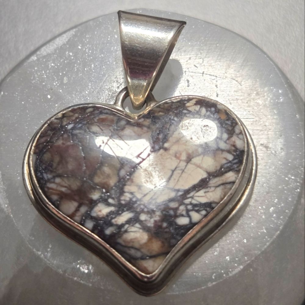 Heart-Shaped Marbled Stone Sterling Silver Pendant Stampted